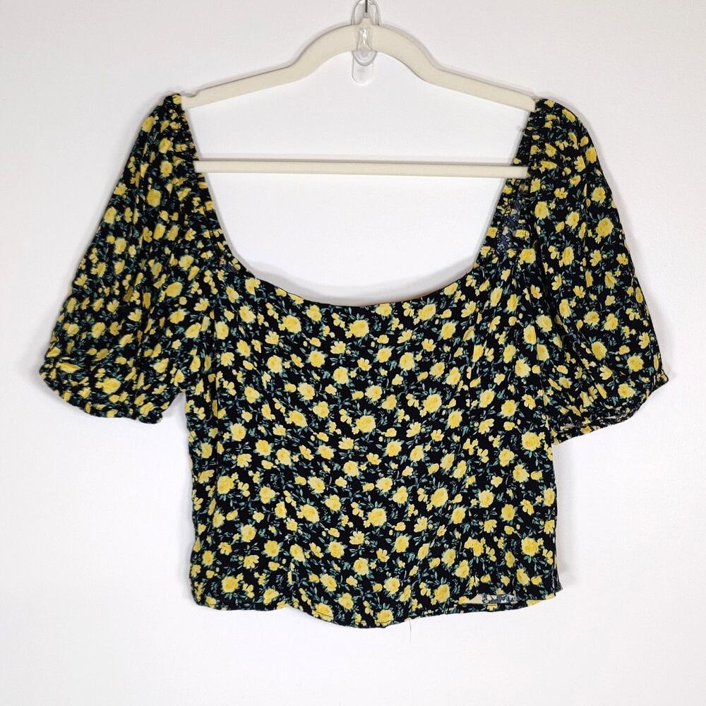 Floral Peasant Top Puff Sleeve Smocked Black Yellow XL Coquette Romantic